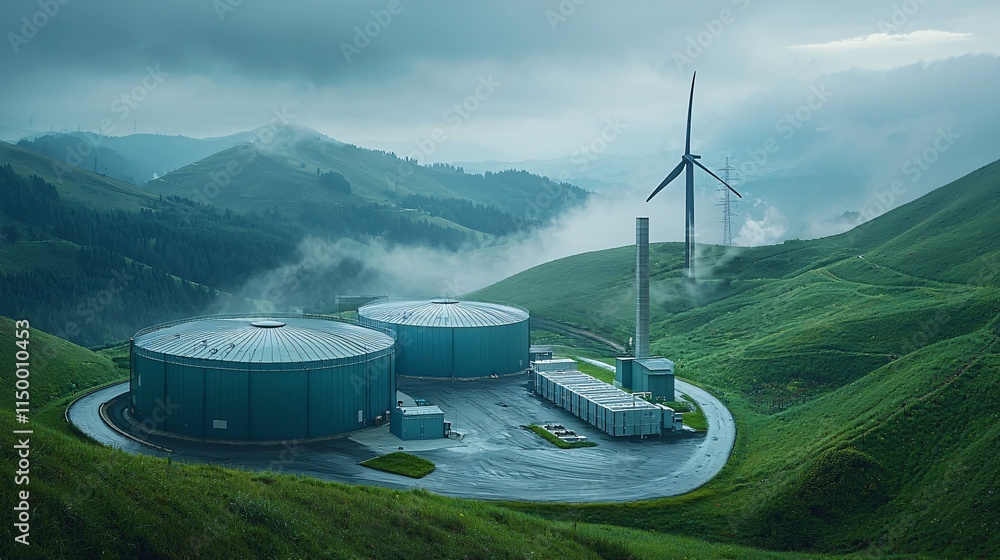 Poster Green energy hubs featuring smart grid systems and efficient battery storage units within eco-friendly community layouts Stock Photo with side copy space