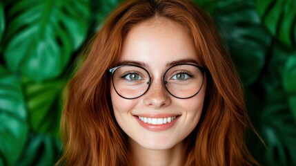 Portrait of a Smiling Young Woman with Red Hair and Glasses Against a Lush Green Background