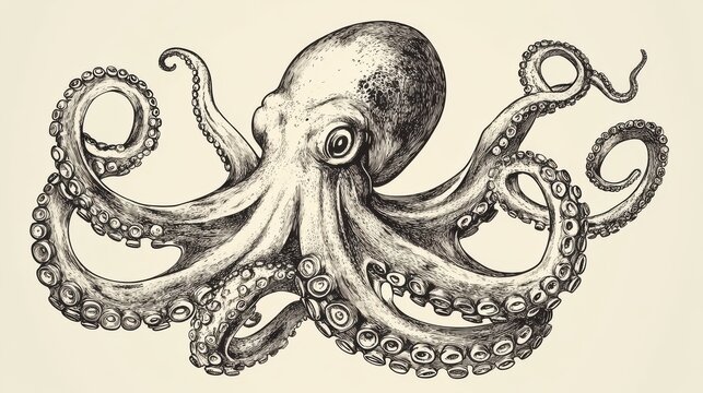Vintage octopus. Hand drawn squid engraved ocean animal. Etching octopus vector illustration