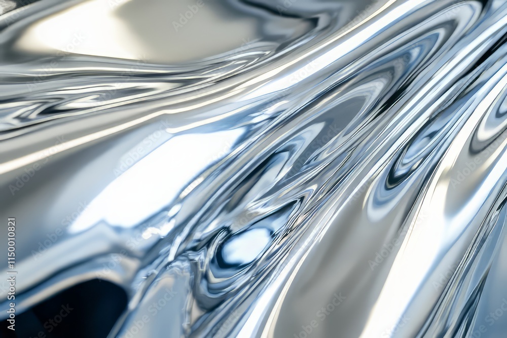 Poster Reflective chrome texture showcasing sleek and shiny surface with captivating fluid patterns