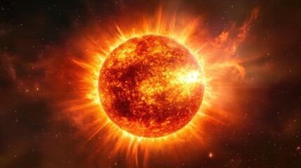 Obraz premium Vibrant Sun Surrounded by Fiery Solar Flares in Dark Space