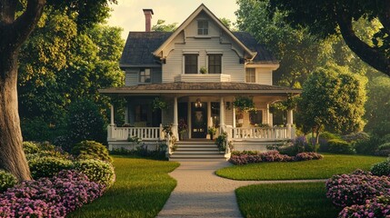 Obraz premium Charming Victorian House Amidst Lush Green Gardens