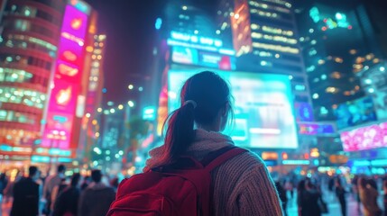 A person stands in a bustling city at night, surrounded by vibrant lights and crowds.