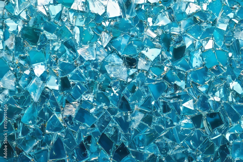 Poster shimmering ice texture with shards of frozen water reflecting light in a vibrant blue hue