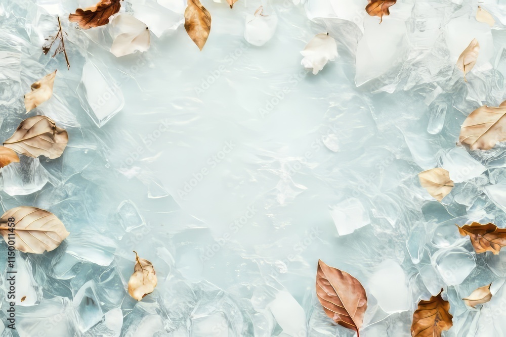 Aufkleber shimmering ice surface with frozen water shards and dried leaves in a tranquil winter setting