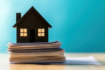 Home loan title concept. A miniature house model sits atop a stack of papers, symbolizing home ownership and the documentation involved in real estate transactions.