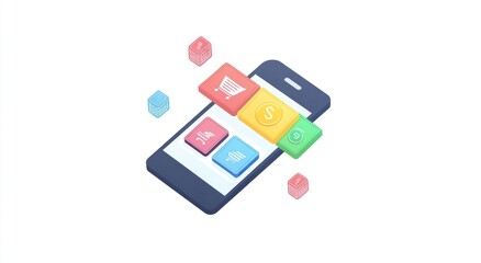 A smartphone displaying various app icons for shopping, finance, and analytics.