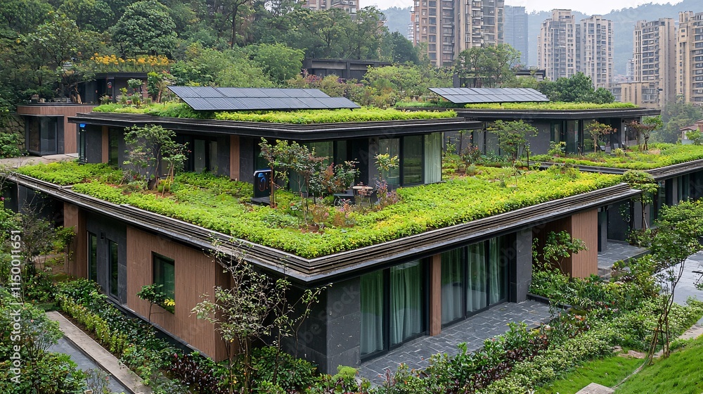 Aufkleber solar rooftops and electric vehicle charging docks managed through smart grid networks in an eco-con