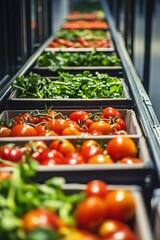  A wide shot of tomatoes and greens in boxes on the conveyor belt at a supermarket, with soft lighting,