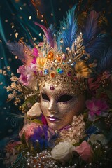 Mardi gras masquerade scene with vibrant colors and textures