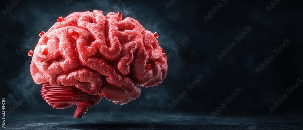 Poster Floating red brain with intricate details on a dark background.