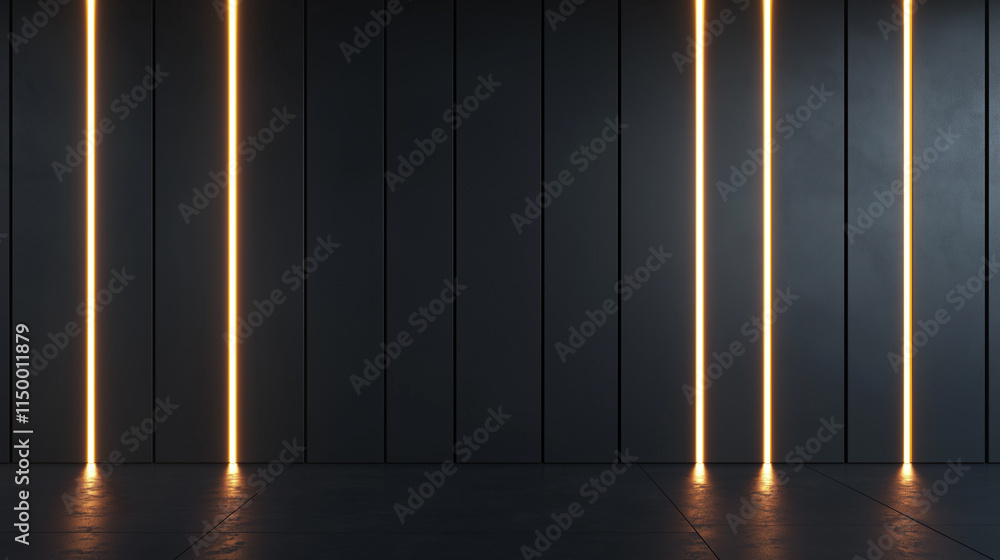 Poster a minimalistic interior featuring dark walls illuminated by vertical lines of warm light, creating a