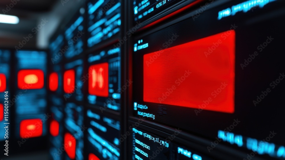 Poster digital display panels with red screens and blue data visuals.