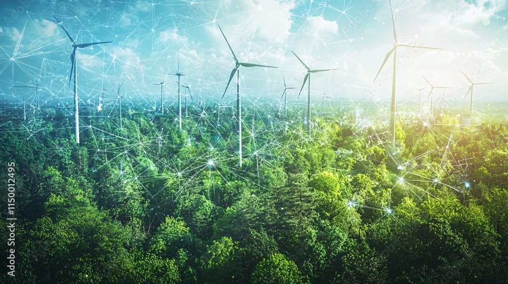 Poster Urban landscapes powered by microgrids linked to smart grid technology emphasizing energy independence Stock Photo with side copy space