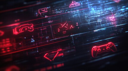 Fototapeta premium Abstract digital background featuring gaming icons and futuristic elements in red hues.