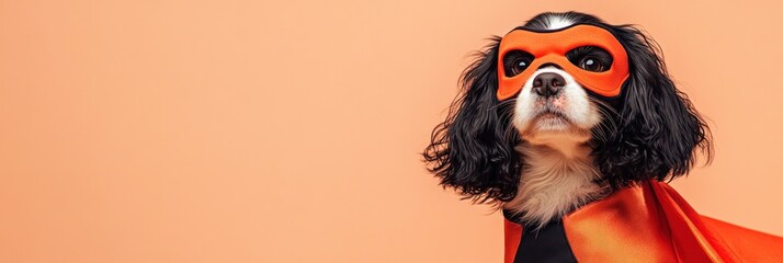 A dog dressed as a superhero, wearing an orange mask and cape against a pastel background.