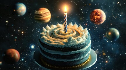 A birthday cake with a candle surrounded by planets in a cosmic background.