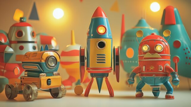 A collection of colorful vintage tin toys, including a rocket ship, robot, and animal, arranged on a clean surface with soft lighting.
