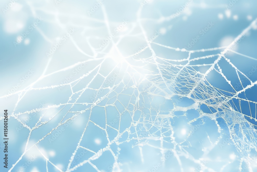 Poster smooth ice slab with snowflakes and intricate spiderweb captured in winter light