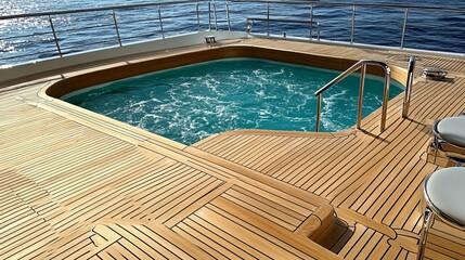 Obraz premium A luxury yacht's teak deck featuring a built-in jacuzzi with turquoise water. The serene setting highlights opulence and relaxation at sea, perfect for high-end vacation experiences on the water.. AI