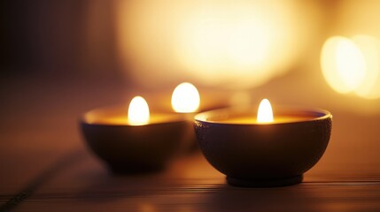 Three lit candles in dark bowls on a wooden surface with a warm, ambient glow.