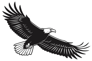 Silhouette of a soaring eagle with spread wings against a white background