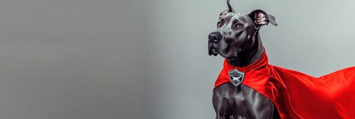 Great Dane superhero dog in red cape.