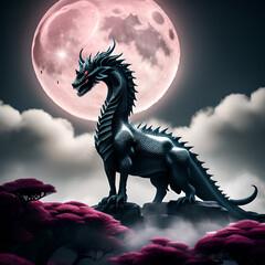 The silhouette of a dead dragon with huge wings, flying against the background of a huge green moon in the clouds, on its back a rider with a scythe.generative ai