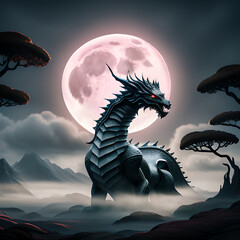 The silhouette of a dead dragon with huge wings, flying against the background of a huge green moon in the clouds, on its back a rider with a scythe.generative ai