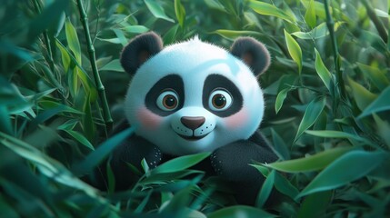 Adorable cartoon panda cub peeking from lush green bamboo.