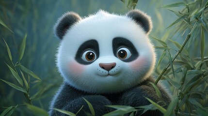 Obraz premium Adorable cartoon panda cub peeking from bamboo forest.