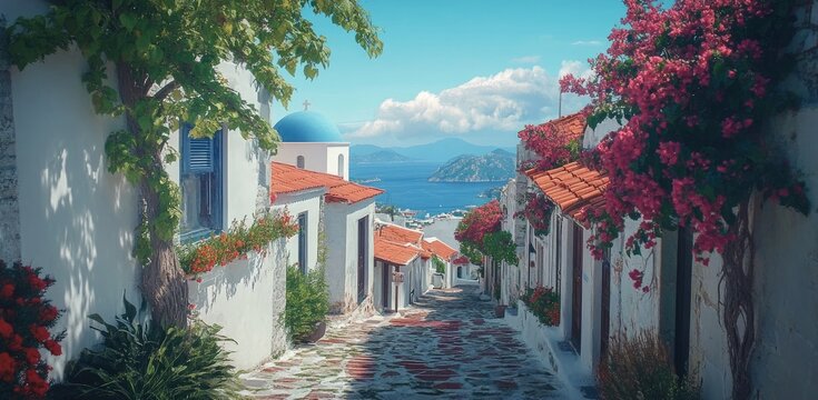 Fototapeta Oia in Greece, white houses with red roofs and blue domes, cobblestone streets lined with colorful flowers