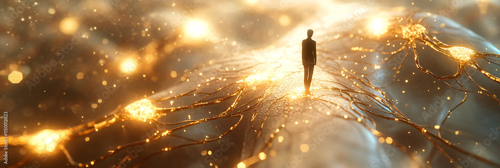 Poster an intricate network of neural pathways made of gold, illustrating the connection between mental hea
