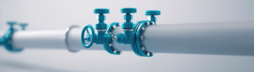 Industrial gas pipeline system with blue valves and metal pipes in clean environment