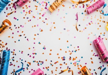Obraz premium White background with colorful streamers and confetti, creating a festive atmosphere for the party. 