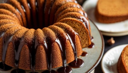 Spiced eggnog bundt cake drizzled with rum glaze and sprinkled with nutmeg on cake stand