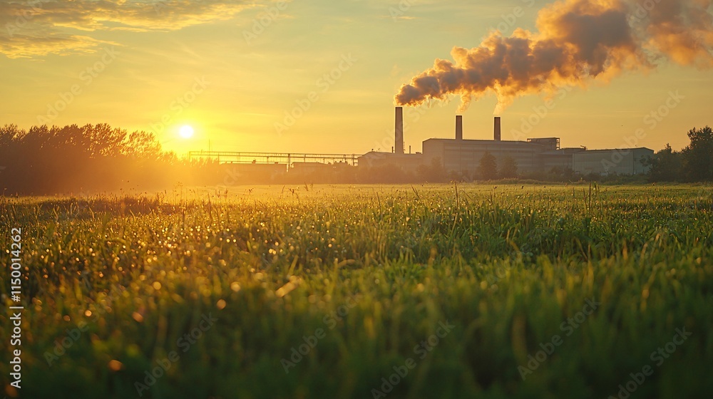 Poster Eco-conscious industrial parks utilizing smart grids for optimized energy consumption and minimal emissions Stock Photo with side copy space