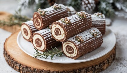 Photo of multiple mini yule logs (bûche de Noël) on a white plate, decorated with icing moss and powdered sugar, with rosemary sprigs and festive background