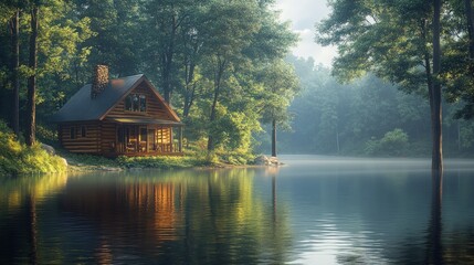 Fototapeta premium Secluded log cabin by tranquil lake.