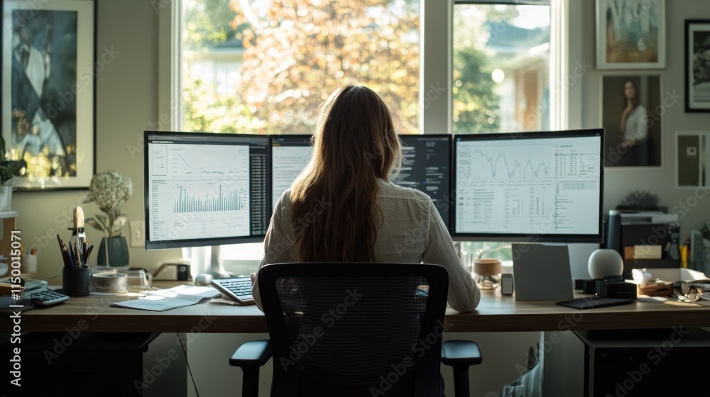 Poster woman working from home at a desk with three monitors displaying data.