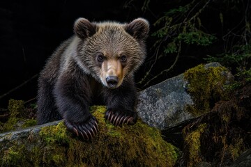 Obraz premium Cute brown bear cub on mossy rocks at night.