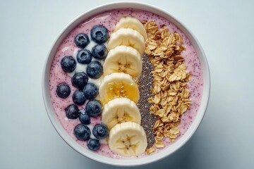 Top view of a smoothie bowl with blueberries, banana slices, granola, chia seeds, and honey.