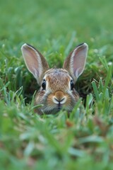 Obraz premium A curious rabbit peeking out from a grassy burrow.