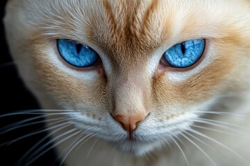 Close-up of a cat's face with intense blue eyes against a black background.
