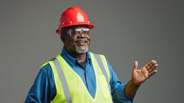 Happy senior African American construction worker wearing safety gear and gesturing.