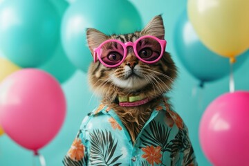 Fototapeta premium Fashionable cat wearing sunglasses and Hawaiian shirt, surrounded by colorful balloons.