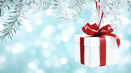 White gift box with red ribbon hanging from snowy pine branch against a bokeh background.