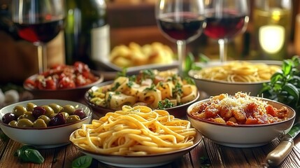 A variety of pasta dishes with different styles and ingredients