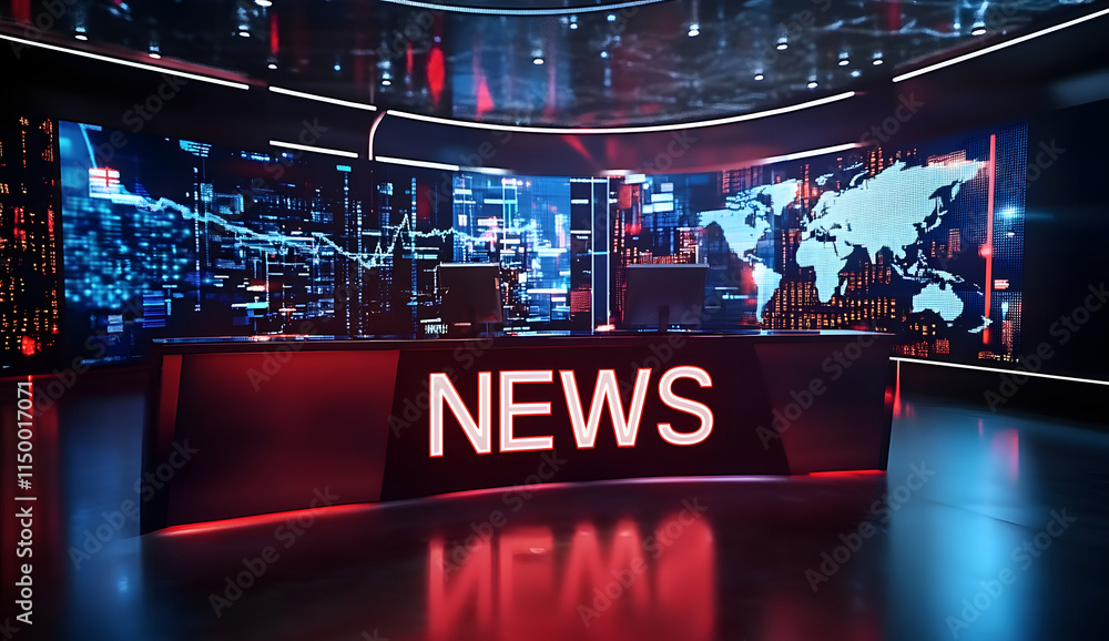 Poster a modern and dynamic newsroom set, featuring a sleek news desk with the word news prominently displa
