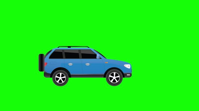 Blue  car  in motion animation, green screen,cartoon, footage, mockup, loop, chromakey